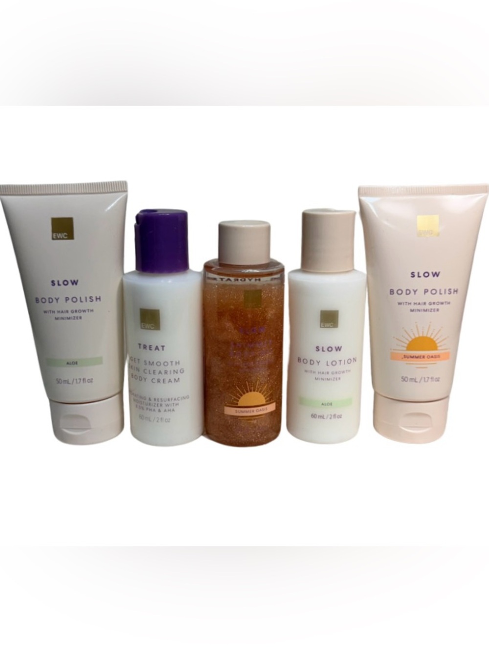 EWC Body Polish, Lotion & Shimmer Oil Set w-Clear Cosmetic Bag - 6-Piece Set